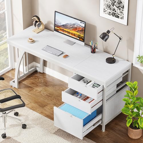 Tribesigns 59 Inch Computer Desk with 3 Drawers, Industrial PC Desk Study Writing Table Workstation with File Storage, Home Office Desks with Large Desktop and Metal Frame, (White) - color: White