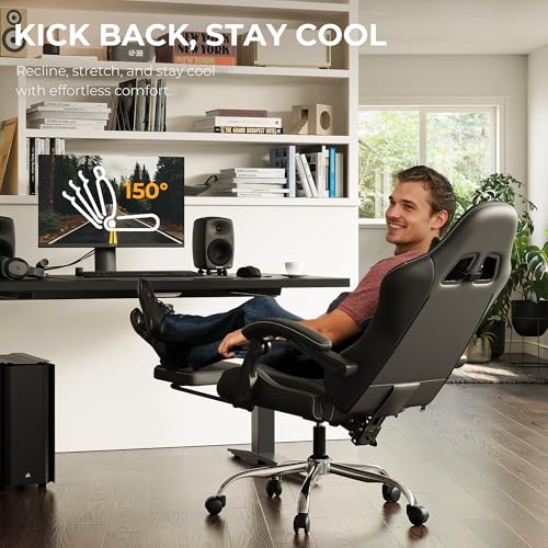 Dowinx Gaming Chair with Footrest, 330lbs Computer Chair 2D Lift Linkage Armrest, Massage Lumbar, Height Adjustable Ergonomic Comfy Video Game Chairs for Home Office Streaming, Long Gaming, Black - color: Matte Black