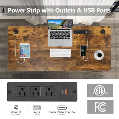 farexon 55 x 24inch Electric Standing Desk Adjustable Height with Power Outlets, Stand up Desk with Wheels,Outlets, Mouse Pad, Preset Heights Home Office Gaming Computer Workstations Table（Brown） - color: Brown, size: 55 x 24''-Outlets
