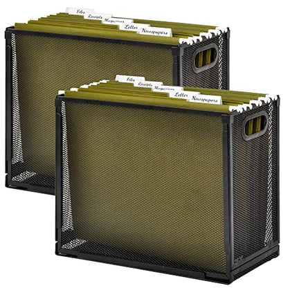 Desk Hanging File Organizer with 10 Folders, Mesh Metal Letter-Size Desktop File Holder Box for Filing Folder Storage Basket, 2 Pack Black, 12.2 x 9.45 x 5.45 inches - size: 2 Pack with 10 Folders