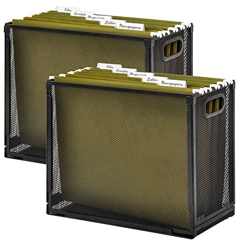 Desk Hanging File Organizer with 10 Folders, Mesh Metal Letter-Size Desktop File Holder Box for Filing Folder Storage Basket, 2 Pack Black, 12.2 x 9.45 x 5.45 inches - size: 2 Pack with 10 Folders
