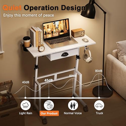 Honkazita Height Adjustable Standing Desk with Storage Drawer, White | Rolling Desk for Treadmill Walking Pad, Small Sit-Stand Desk with Lockable Wheels, Height Range 31.5"-43.3", Stable Design - color: White