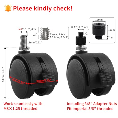 HOWDIA 4 Pcs M8×1.25 Thread (with 3/8 Adapter Nuts) 1.5" Swivel Caster Wheels with Brake, Light-Duty Casters Replacement for Carts/Small Furniture, Fits Metric M8 & Imperial 3/8, (30kg Total, 4-Pack) - style: M8-1.25(3/8-16 UNC)×13mm Threaded Stem with Br