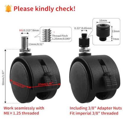 HOWDIA 4 Pcs M8×1.25 Thread (with 3/8 Adapter Nuts) 1.5" Swivel Caster Wheels with Brake, Light-Duty Casters Replacement for Carts/Small Furniture, Fits Metric M8 & Imperial 3/8, (30kg Total, 4-Pack) - style: M8-1.25(3/8-16 UNC)×13mm Threaded Stem with Br