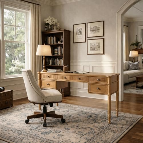 HULALA HOME 55 Inches Fluted Writing Desk with Charging Station, Teak - color: Teak