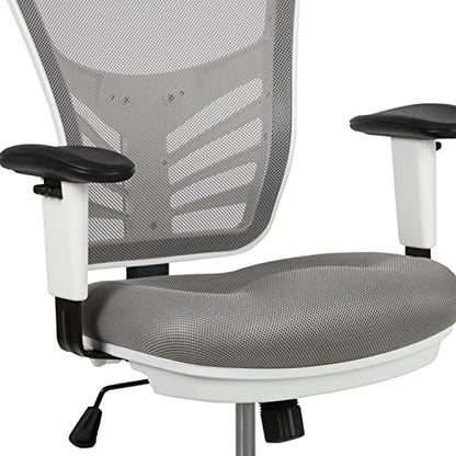 Flash Furniture Tyler Mid-Back Light Gray Mesh Ergonomic Drafting Chair with Adjustable Chrome Foot Ring, Adjustable Arms and White Frame - color: Light Gray Mesh/White Frame