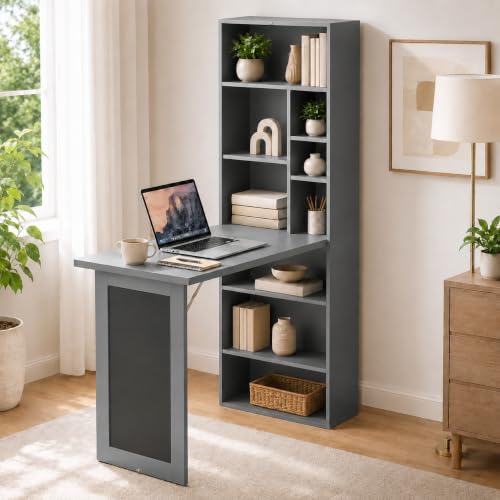 Wall Mount Foldable Writing Desk for Bedroom & Home Office (Grey) | Wall Desk, Wall Mount Foldable Desk with Bookshelf & Chalkboard, Space Saving Fold Down Floating Workstation - color: Grey