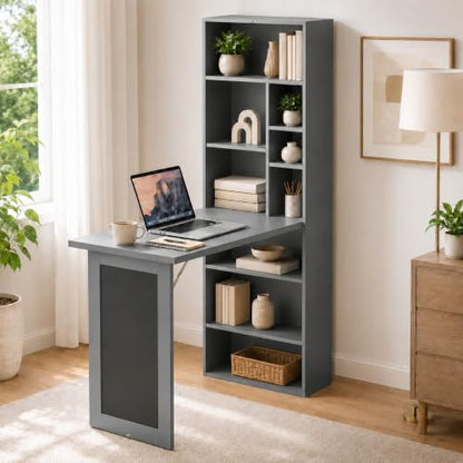 Wall Mount Foldable Writing Desk for Bedroom & Home Office (Grey) | Wall Desk, Wall Mount Foldable Desk with Bookshelf & Chalkboard, Space Saving Fold Down Floating Workstation - color: Grey