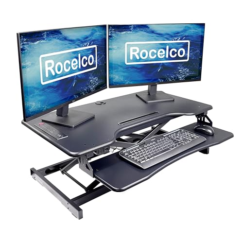 Rocelco 37.4" Electric Standing Desk Converter with AC USB Charger - Motorized Height Adjustable Sit Stand Up Dual Monitor Riser - Tabletop Computer Workstation - Large Keyboard Tray - Black (R EDRB2) - color: Black, size: 37.4", style: Riser Only