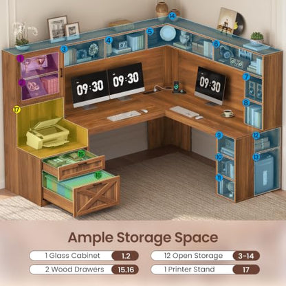 SEDETA Farmhouse 68" L Shaped Office Desk with Hutch, Storage Drawers - color: Brown, size: 68 inches