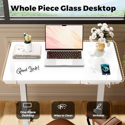 32" Glass Standing Desk with Drawer, Small Electric Desk - color: White Glass-top, size: 32"