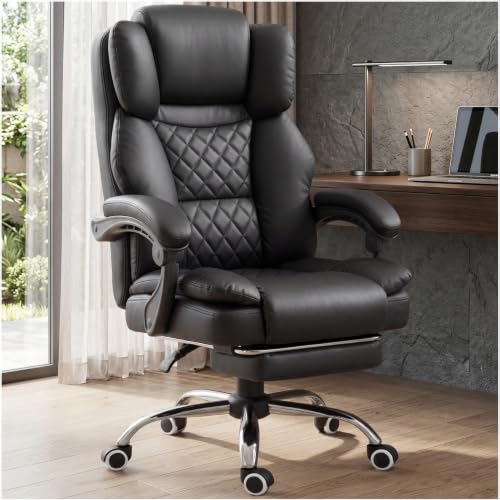 GTPLAYER Executive Office Chair Big and Tall Leather Gaming Chair with Pocket Spring Cushion & Ergonomic Lumbar Support for Lower Back Pain Relief, Comfy Desk Chair with Footrest, Matte-Black - color: Matte-black, Leather