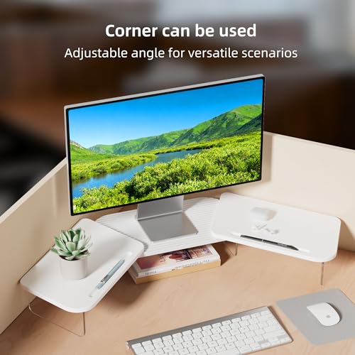 AFOOYO LED Dual Monitor Stand Riser for 2 Monitors,Office Desktop Wooden Stand Adjustable Length and Angle 3 Shelf,Extra Long Multifunctional Stand up to 39.3" for Computer,Laptop,TV,White