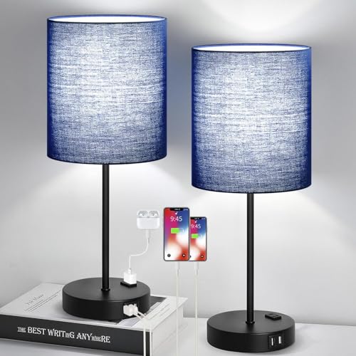 Lynnoland 2 Pack Touch Control Table Lamps with 2 USB & AC Outlet, 3-Way Dimmable Bedside Nightstand Lamps for Bedroom Living Room Nursery, 800 Lumens 5000K Daylight Bulbs Included - color: Navy Blue & Matte Black