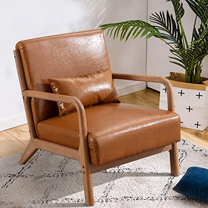 INZOY Mid Century Modern Accent Chair with Wood Frame, PU Leather Reading Armchair with Waist Cushion, Upholstered Living Room Chairs for Bedroom Sunroom (Camel) - color: A-camel