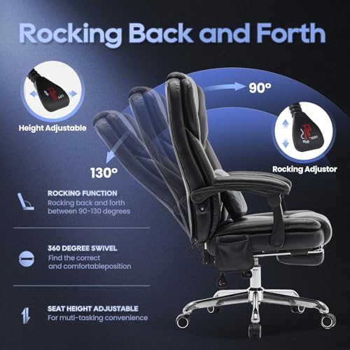 Massage Office Chair with Footrest, High Back Executive Chair, Ergonomic Desk Chair with Removable Pillow, 2 Lumbar Massage Points, Reclining, Leather Computer Chair, Black - color: Ocs10-black
