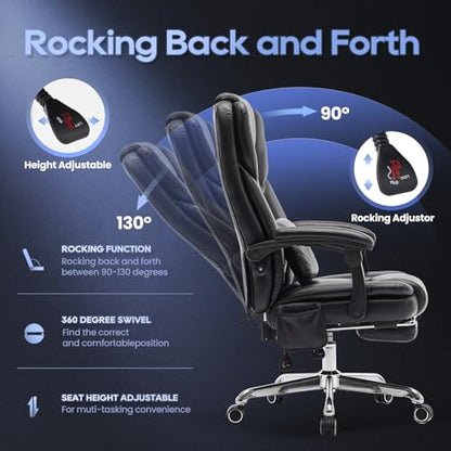 Massage Office Chair with Footrest, High Back Executive Chair, Ergonomic Desk Chair with Removable Pillow, 2 Lumbar Massage Points, Reclining, Leather Computer Chair, Black - color: Ocs10-black