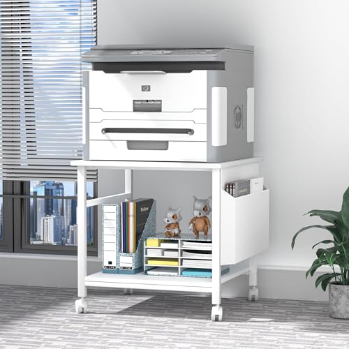 Large Printer Stand, 23.6 x 23.6 Inches Square Printer Stand with Storage Shelf, 2 Tier Printer Table for Home Office, Rolling Printer Cart with Lockable Wheels, Mobile Mini Fridge Stand Table, White - color: White