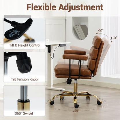 Faux Leather Home Office Desk Chair, Ergonomic Executive Computer Chair with Gold Base, Padded Seat and Armrests, Adjustable Height Swivel Makeup Vanity Chair with Wheels, Brown - color: Brown