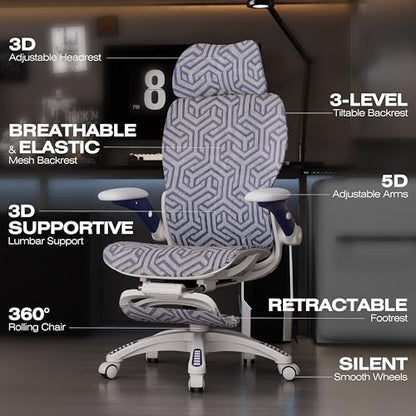 ELABEST X100 Ergonomic Mesh Office Chair with Footrest, Big and Tall Home Desk Chair with 5D Flip-Up Arms, Adjustable 3D Lumbar Support, Gaming & Executive Computer Chair (Cybernetic Pulse) - color: Cybernetic Pulse