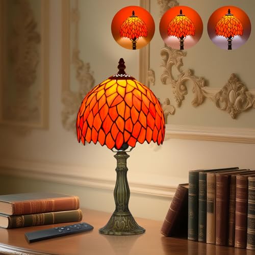 8 Inch Small Stained Glass Style Table Lamp with Remote Control, Orange - color: Orange Wisteria