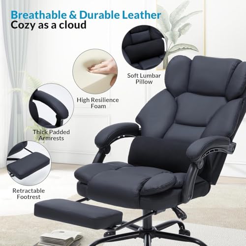 22.44x21.26x44.09Inches Office Chair with Foot Rest, Black Executive Office Chair with Arms, Reclining Ergonomic Computer Chair, 360 Swivel Adjustable Height Home Office Desk Chair
