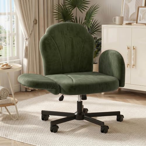 Bestier Criss Cross Office Chair with FILP-Up Armrests, Green Velvet | Rocking Recline,Swivel Makeup Vanity Chair with 5-Level Folding Armrest, Cross Legged Desk, Adjustable Height Swivel Chair - color: Green Velvet