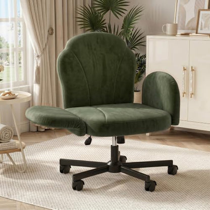 Bestier Criss Cross Office Chair with FILP-Up Armrests, Green Velvet | Rocking Recline,Swivel Makeup Vanity Chair with 5-Level Folding Armrest, Cross Legged Desk, Adjustable Height Swivel Chair - color: Green Velvet