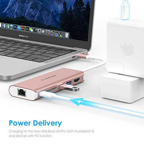 LENTION 6-in-1 USB-C Hub, 2 USB3.0, 4K@30Hz, Ethernet, Card Reader, 100W PD | Ideal for Work & Study, Stable Driver 3.0 Certified, Compatible with macOS, iOS/iPadOS, Windows & ChromeOS (C68, Rose Gold)