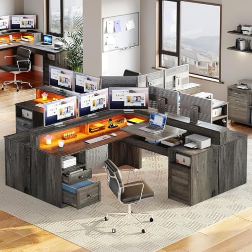 YITAHOME 60" L Shaped Lift Top Corner Desk with Power & LED, Grey