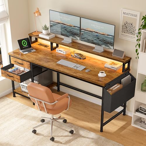 DurayLoly 55" Gaming Desk with RGB Lights & Power Outlets for Teens,Brown | Wireless Remote Full-Color Strip, Various Lighting Modes, Level Up Teens Gaming Vibe or Study for Protect Eyes In Bedroom - color: Brown, size: 55"W*20"D*35.5"H