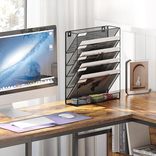 EasyPAG 5 Tier Wall File Holder, Mesh Hanging Folder Organizer with Classify Label, Versatile Desk File Holder, Vertical Wall Mounted Mail Organizer for Office Home Cubicle, Black - color: Black