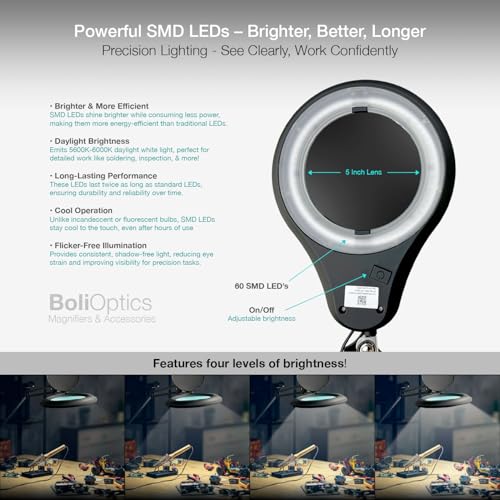 ESD Safe (Glass Lens) Professional LED Magnifying Lamp with Clamp (8 Diopter, 3X) Work Light, 4 Brightness Levels, Daylight Bright, 1200 Lumens, 5600K-6000K, Matte Black, BoliOptics MG16303322