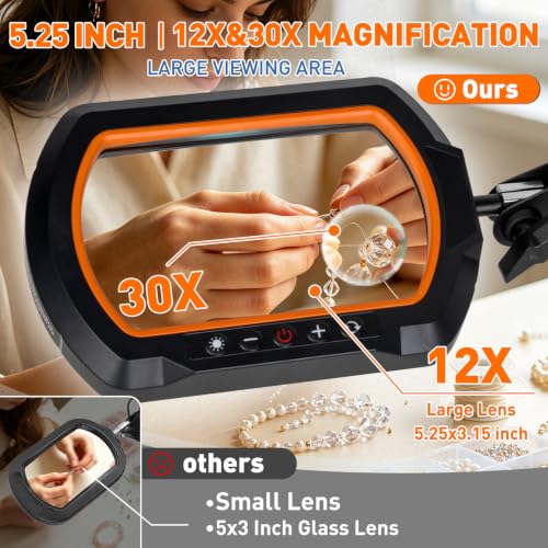 HITTI 30X & 12X Square Ultra Long Magnifying Glass with Light and Clamp - color: Yellow, size: 12X 30X