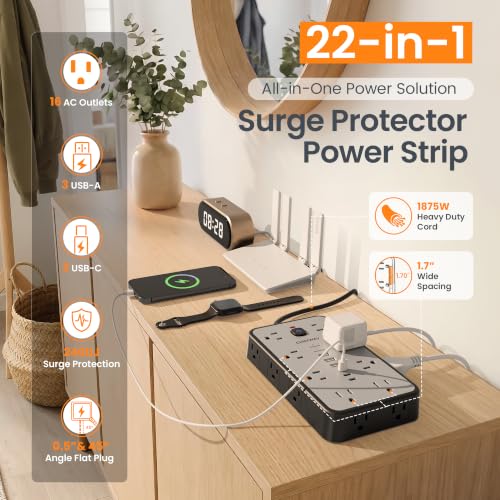 6 FT Surge Protector Power Strip with 6 USB, 16 Outlets, 2400J - color: Black / Gray, size: 6 FT