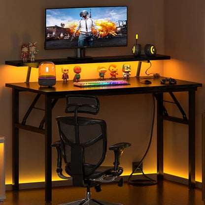 DlandHome 39" Computer Desk with Power Outlets & LED Lights, Black, Bedroom - color: Black + Black, size: 39 Inches + Outlets