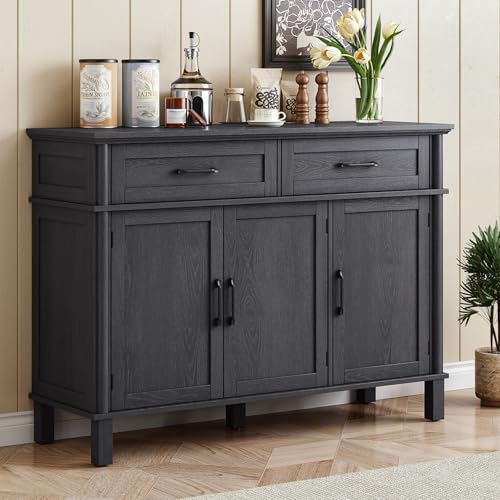48 Inch Buffet Cabinet with Storage, Black | Farmhouse Sideboard Buffet w/2 Drawers and 3 Doors, Wood Coffee Bar Cabinet with Adjustable Shelves for Kitchen, Living Room - color: Black, size: 48 Inch