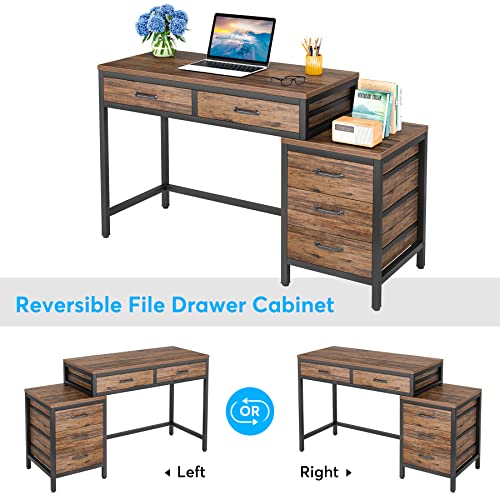 Tribesigns Computer Desk with 5 Drawers, Reversible Home Office Desks - color: Rustic Brown