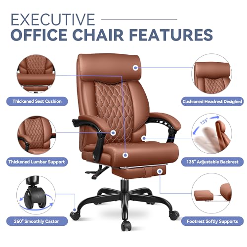 Office Chair, Big and Tall Office Desk Chair, Reclining Office Chair with Footrest Home Office Desk Chairs, High Back Ergonomic with Lumbar Support, Executive Leather - color: Brown, style: With Footrest