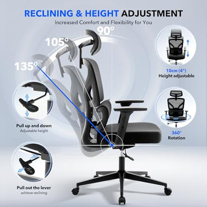 Ergonomic Office Chair Mesh – Adjustable Lumbar 3D Armrests High-Back Desk - color: Black-p