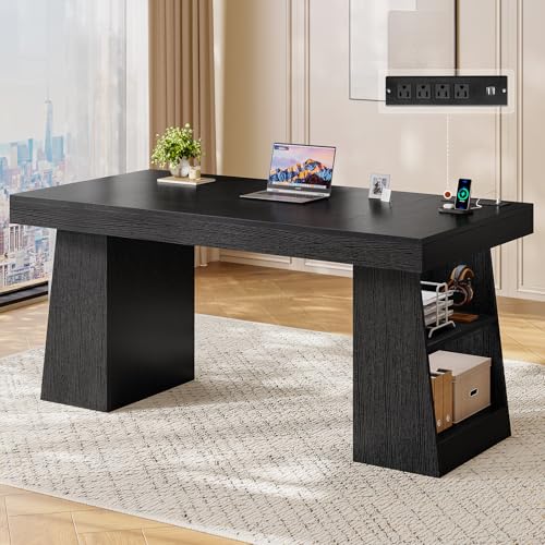 UPOSOJA 55.9 in Executive Desk with Power Outlets, Modern Home Office Desk with Storage Shelves, Wood Computer Desk Business Workstation Desk Conference Table, Black (Storage Shelves) - color: Black, size: 55.9in Shelves