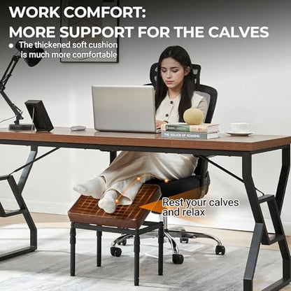 Adjustable Ottoman Pouf, 60 Degree Tilt, Brown Synthetic Leather | 4-Height Footrest, 28 Positions, Iron frame, Foam Cushion, 15.74 x 11.81 x 13.34 in, Under Desk, Living room, Home Office" - color: Brown Synthetic Leather