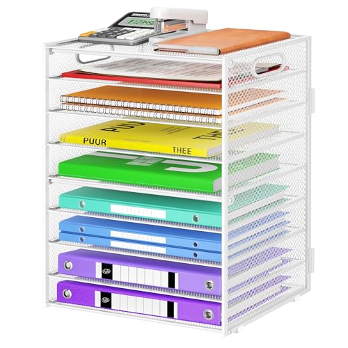 Cawukege 9 Tier Paper Organizer with Handle, White Large Capacity Desk Organizer Mesh File Folder Letter Paper Tray Desktop Document Sorter for Classroom, School, and Office Accessories Organization - color: 1 Pack - White