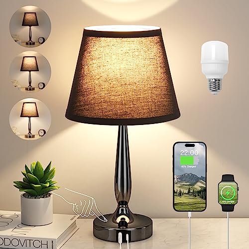 Kakanuo Touch Bedside Lamp for Bedroom with USB C Port, Small Touch Table Lamp with 2 USB Charging Ports, 3 Way Dimmable Nightstand Lamp for Living Room and Office - Black (LED Bulb Included) - color: Black, size: 1 Pack