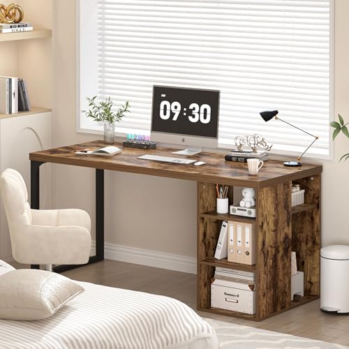 EXCEFUR Computer Desk for Home Office, Modern Writing Desk with Reversible Storage Shelves, Wood and Metal Gaming Study Table Workstations, 53 Inch, Rustic Brown - color: Brown