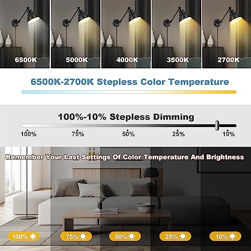 Plug in Wall Sconces Set of Two with Remote, Stepless Dimming & Stepless Colors 2700K-6500K, Swing Arm Wall Lamp, Plug in Wall Light with Night Light & Timer, Hardwired or Plug-in, LED Bulbs Included - size: Black-2 PACK(Bulbs+Remote)