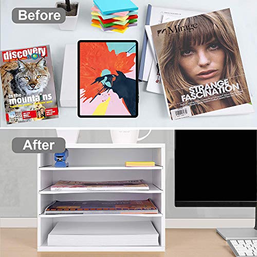 EMERIT 4-Tier Adjustable Paper Organizer, Large Capacity Desktop Organzier for Textbooks/Magazines/Office Files, Wooden Dividers, 7 lbs per Shelf, White - color: 4 Tier-white