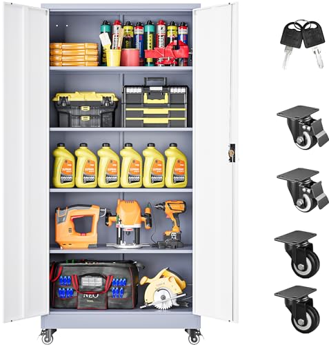 75" Tall Metal Storage Cabinet with Wheels,Rolling Garage Storage Cabinet with Lock,Gray White Metal Cabinets with Wheels and Shelves,Locking Tool Cabinets on Wheel for Garage,Home,Office,Shop - color: Gray White, size: 75"H x 31.5"W x 16"D
