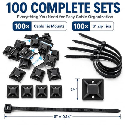 100 Pack Cable Tie Mounts, Self Adhesive Zip Tie Mount with 6 Inch Ties - color: Black