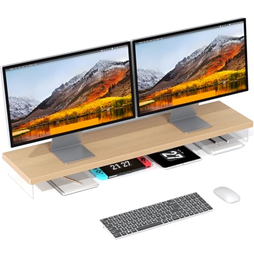 Dual Monitor Stand Riser, 40" Large Computer Monitor Stands for 2 Monitors, Wooden Desktop Organizer Shelf for Office Desk Computer, Laptop, TV, Monitor, Printer - color: Oak, size: 40*10 Inch